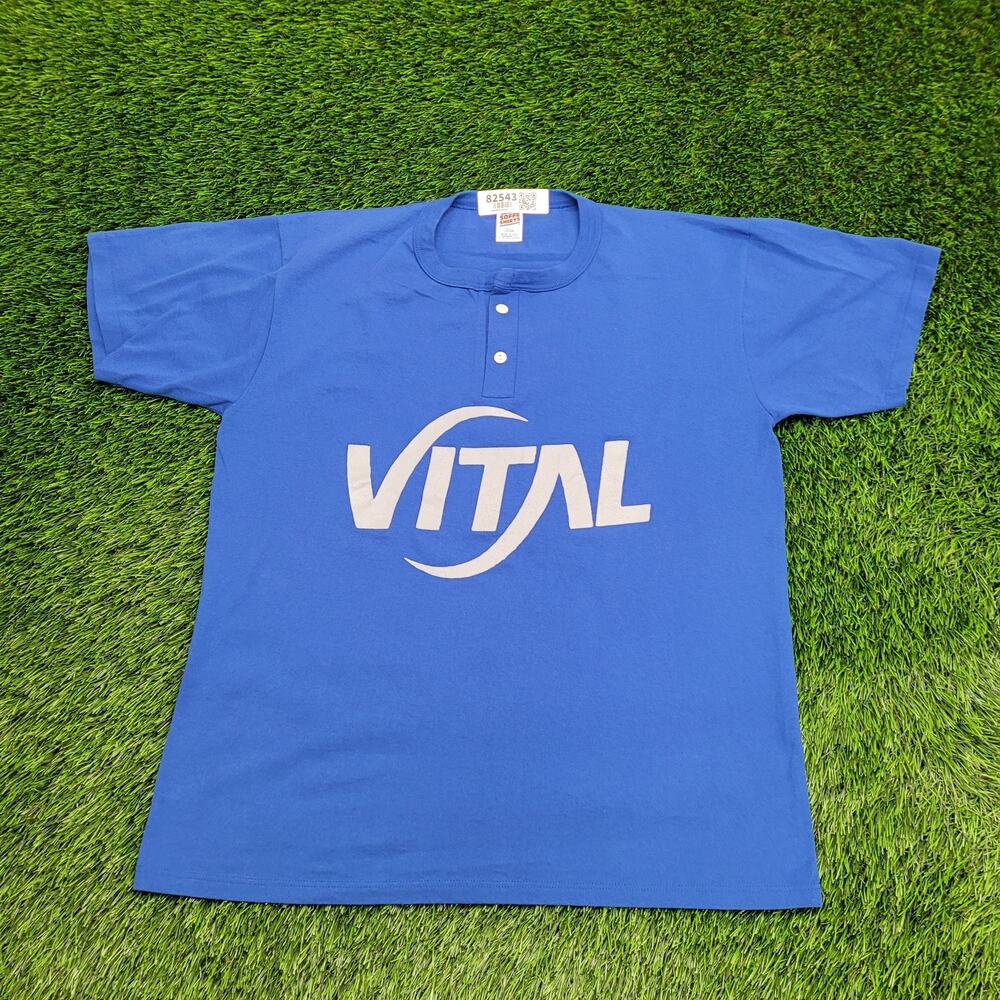 Vintage 80s Vital Henley Shirt Large 22x27 Blue USA